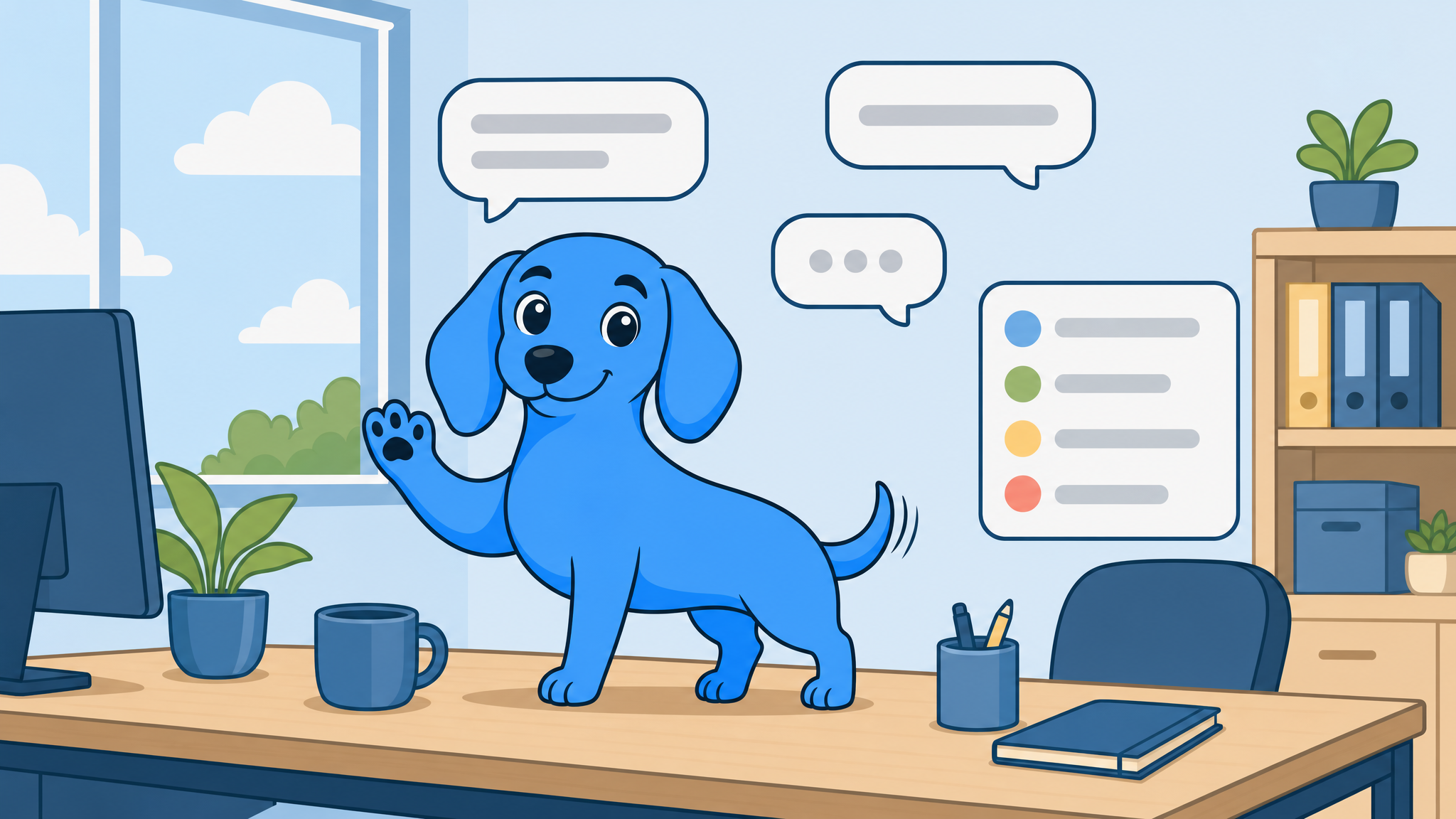 Dash, an AI teammate, waving hello from a desk beside a team chat window