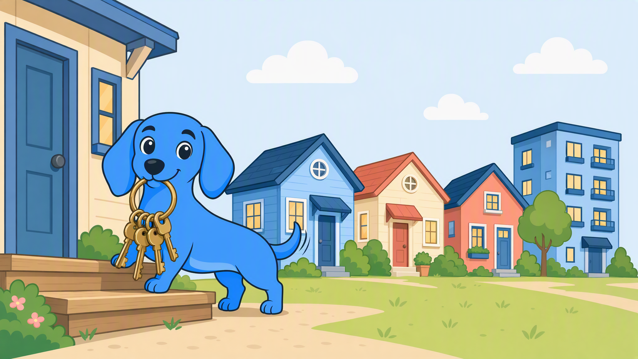 Dash, an AI teammate for property management teams, carrying a set of keys outside a row of rental homes